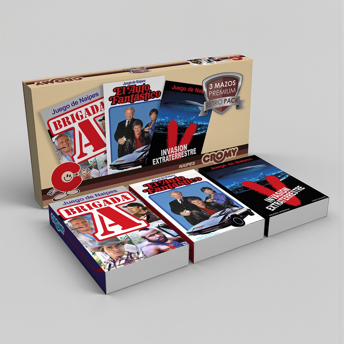 ​Pack 3 Mazos Naipes Cromy Retro: Brigada A, El Auto Fantástico y V Invasión Extraterrestre - imagen 1